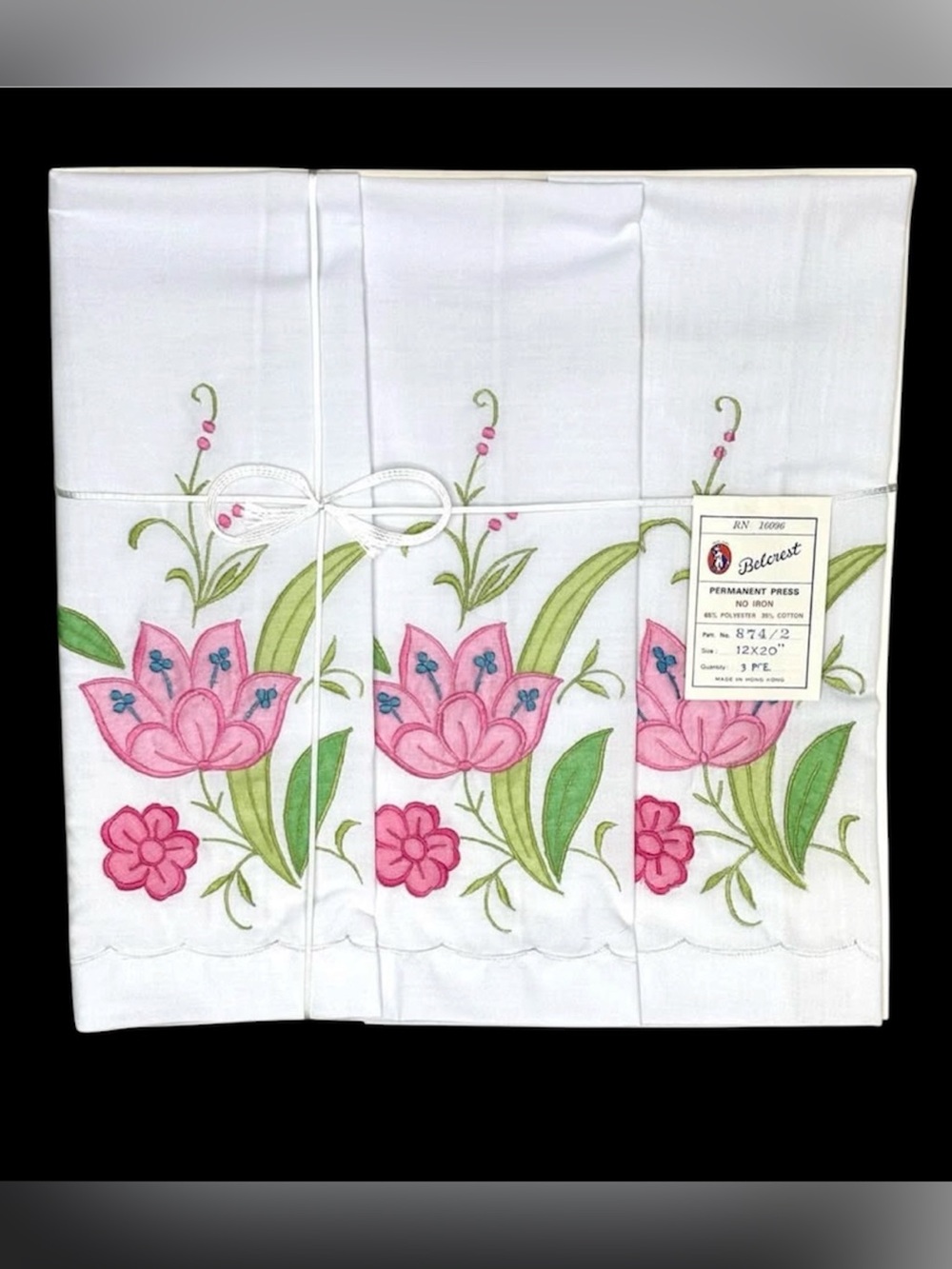 New Pink Floral Embroidered Kitchen Tea Towels - Set of 3 Vintage Belcrest Gift